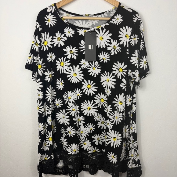 JWD Women's Tops Short Sleeve Lace Trim O-Neck A Line Tunic Blouse FP Daisy 2XL - Picture 2 of 5